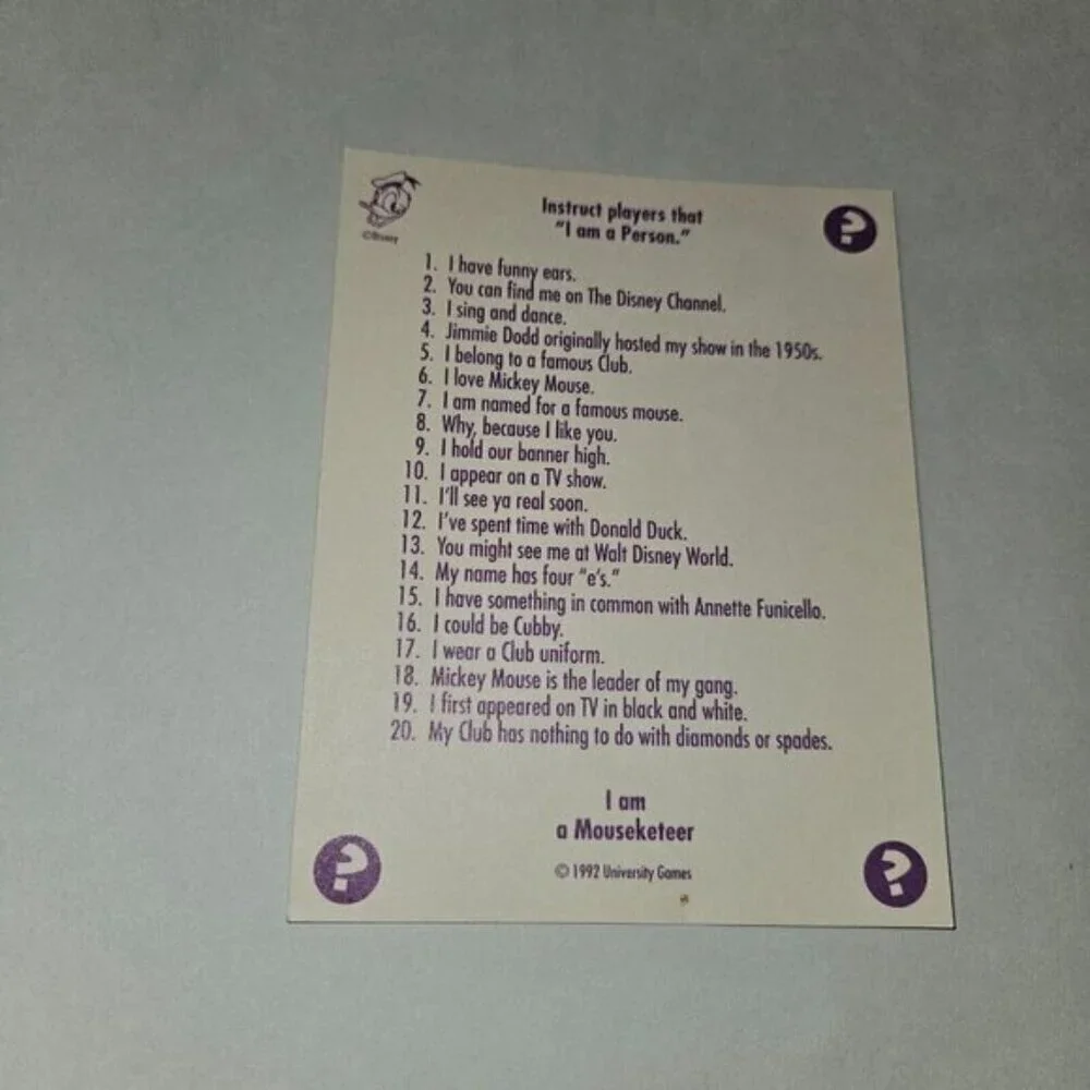 VTG Disney's 20 Questions Guessing Game Cards Characters People Place Thing 1992